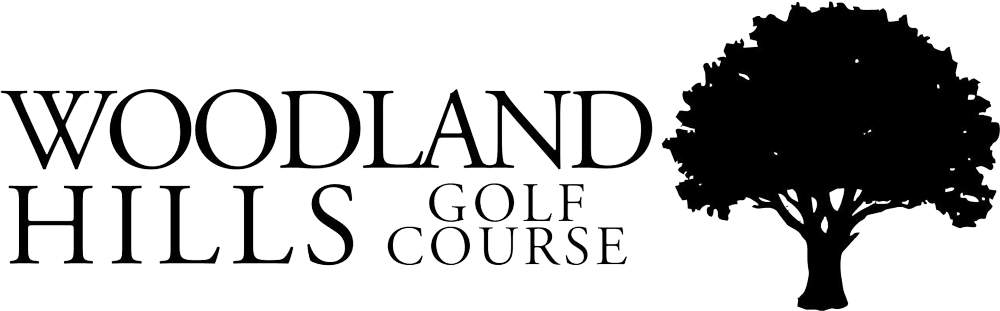Logo for Woodland Hills Golf Course featuring stylized text and a silhouette of a tree.